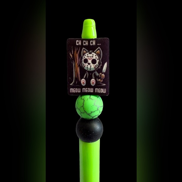 Friday the 13th Kitty Cat Custom Beaded Ink Pen Lime Green - Picture 3 of 6